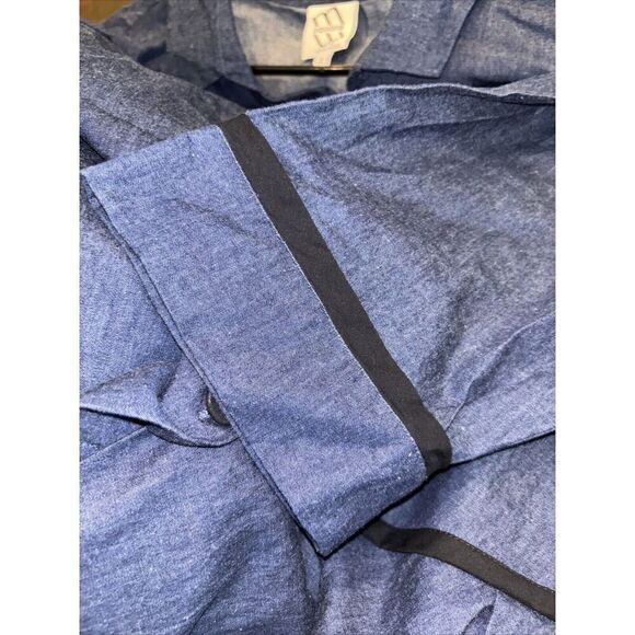 M Square By Neetu Malik Shirt Jacket 2X Button Cotton Blue Asymmetrical Hem Trim - Picture 5 of 8